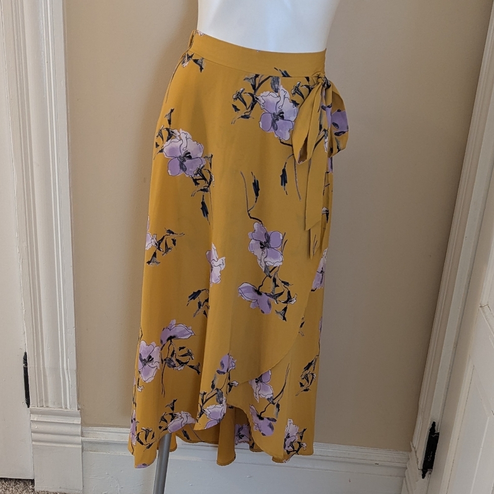 Lelis Collection bright yellow with purple floral print faux wrap skirt size M